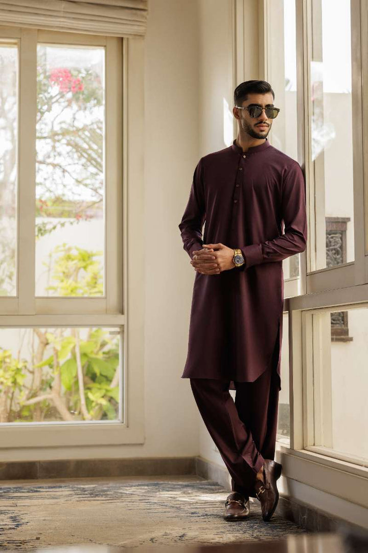 Deepak Perwani - Boski Kurta Shalwar For Men - Burgundy - 2 Piece