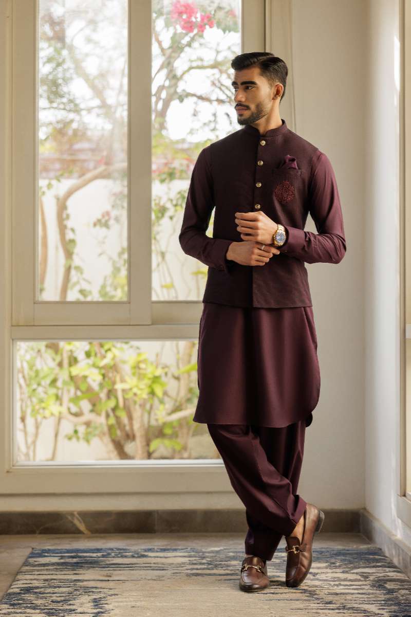 Deepak Perwani - Boski Kurta Shalwar For Men - Burgundy - 2 Piece