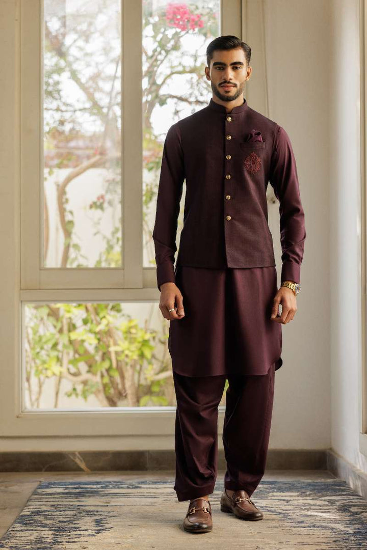 Deepak Perwani - Boski Kurta Shalwar For Men - Burgundy - 2 Piece