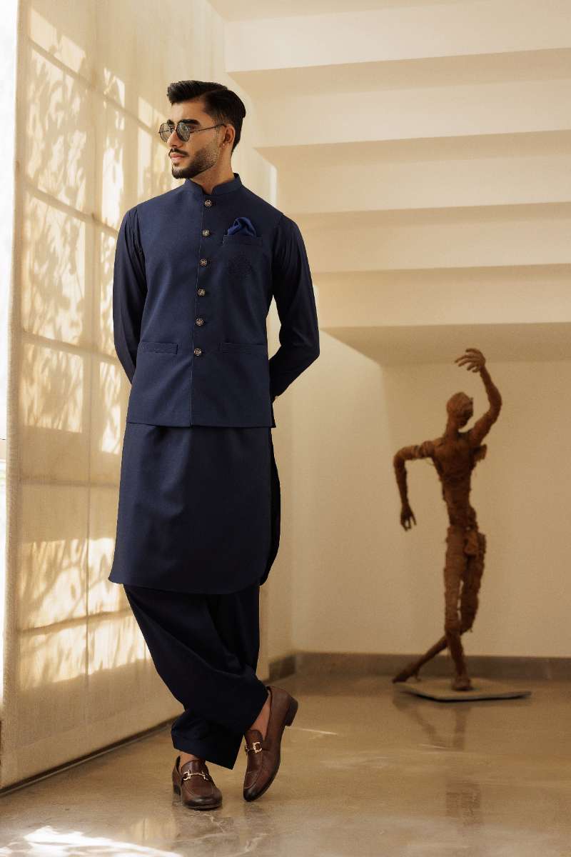 Deepak Perwani - Boski Kurta Shalwar For Men - Navy Blue - 2 Piece
