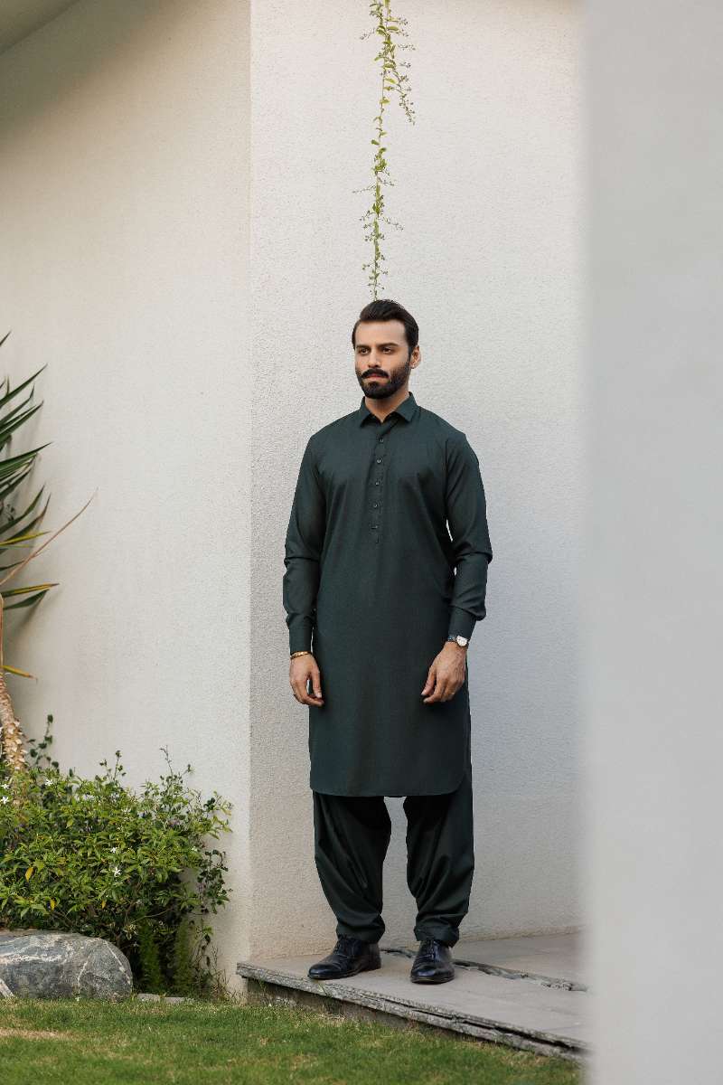 Deepak Perwani - Boski Linen  For Men - Dark Green - 2 Piece