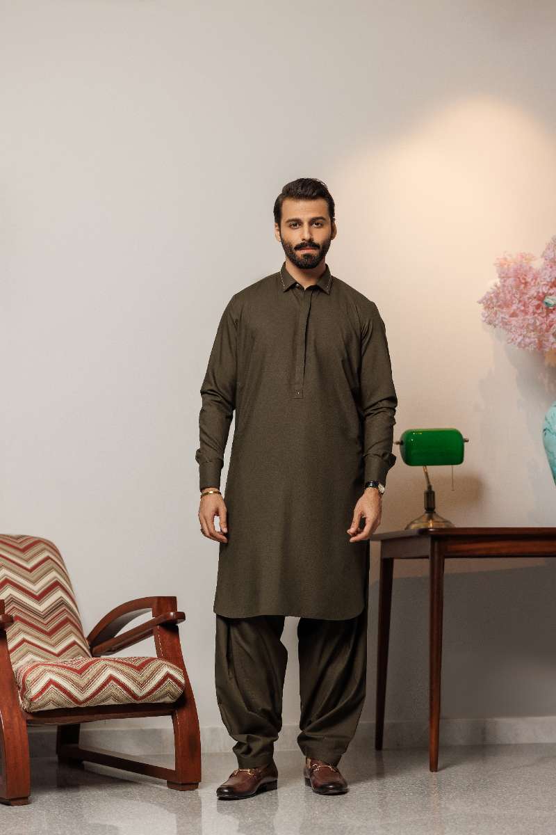 Deepak Perwani - Boski Linen  For Men - Mehndi Green - 2 Piece