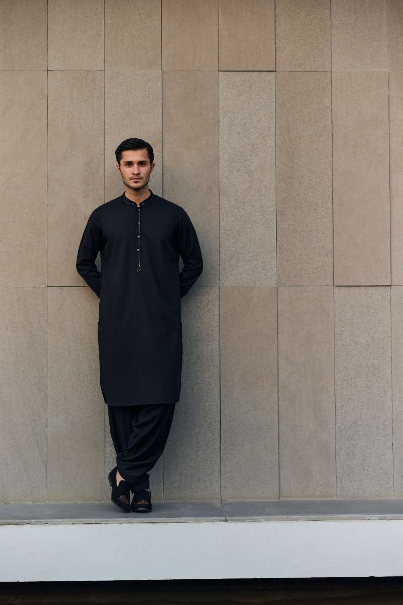 Deepak Perwani - Boski Linen Kurta Shalwar For Men - Black - 2 Piece