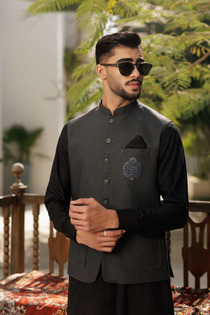 Deepak Perwani - Boski Linen Kurta Shalwar For Men - Black - 2 Piece