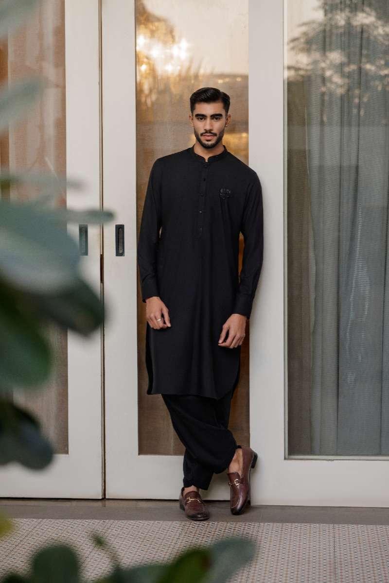 Deepak Perwani - Boski Linen Kurta Shalwar For Men - Black - 2 Piece