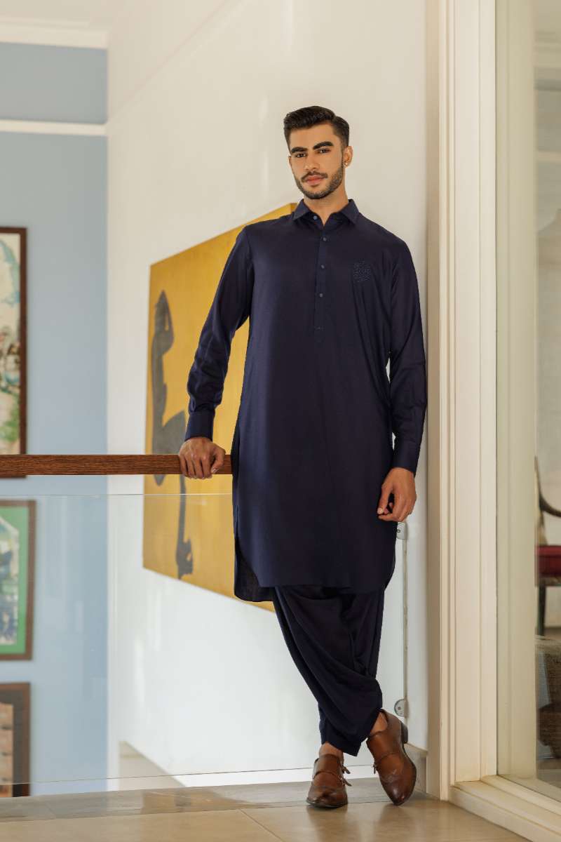 Deepak Perwani - Boski Linen Kurta Shalwar For Men - Blue - 2 Piece