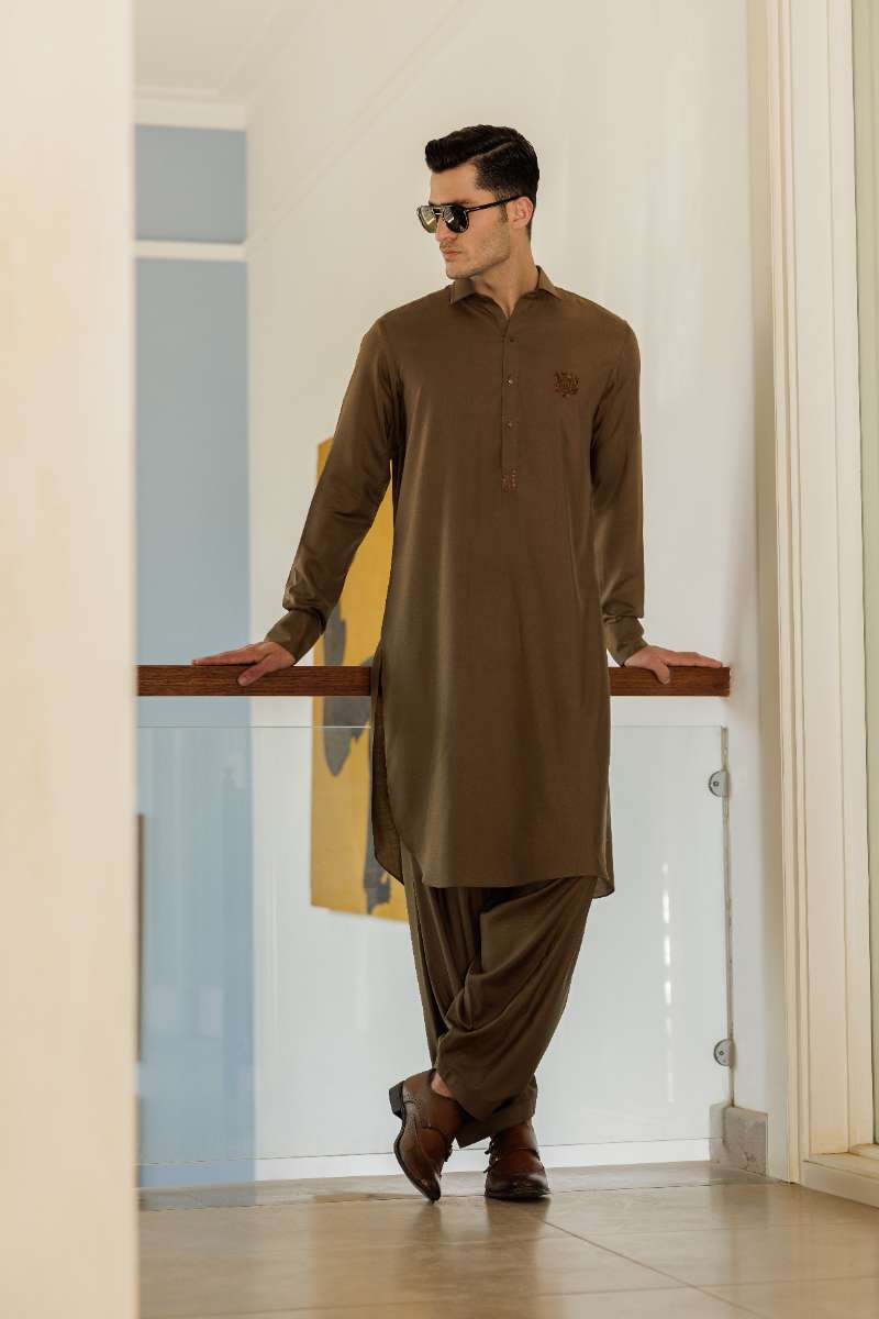 Deepak Perwani - Boski Linen Kurta Shalwar For Men - Brown - 2 Piece