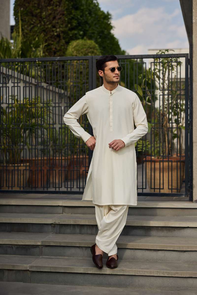 Deepak Perwani - Boski Linen Kurta Shalwar For Men - Cream - 2 Piece
