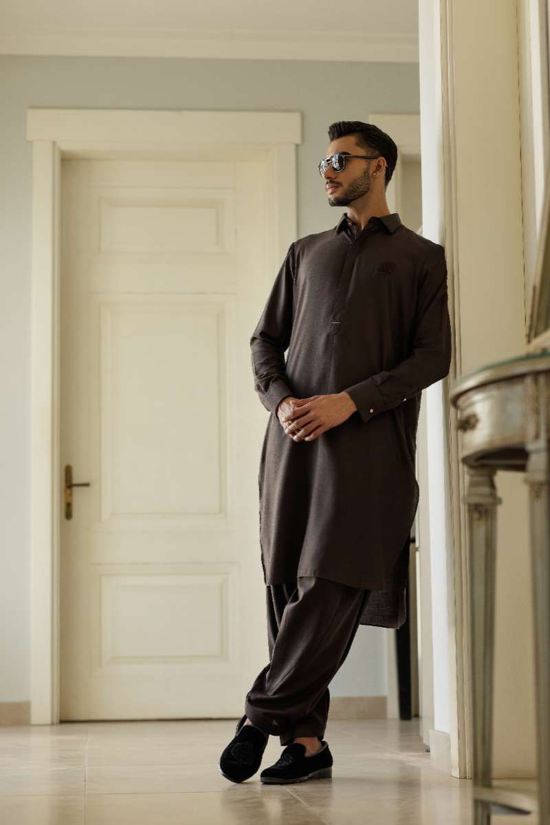 Deepak Perwani - Boski Linen Kurta Shalwar For Men - Dark Brown - 2 Piece