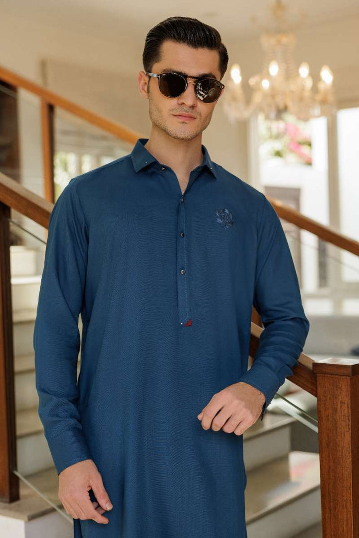 Deepak Perwani - Boski Linen Kurta Shalwar For Men - Navy Blue - 2 Piece