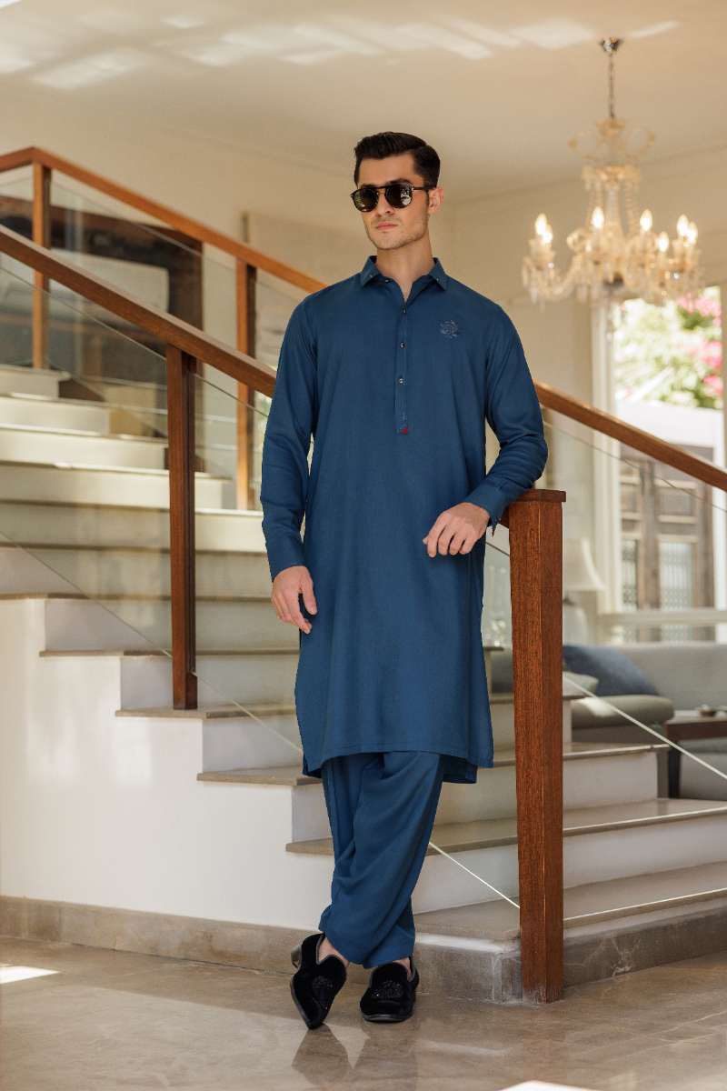 Deepak Perwani - Boski Linen Kurta Shalwar For Men - Navy Blue - 2 Piece