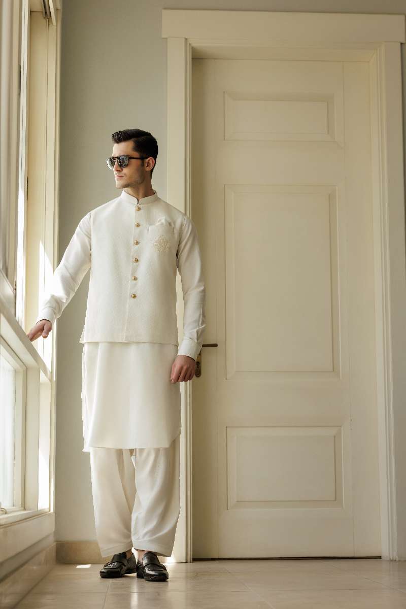 Deepak Perwani - Boski Linen Kurta Shalwar For Men - White - 2 Piece