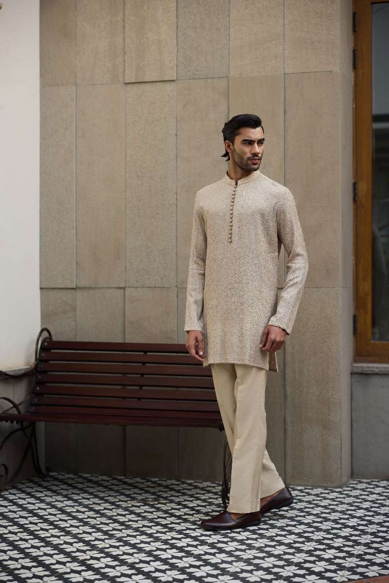 Deepak Perwani - Chikan Kurta Pajama For Men - Gold - 2 Piece