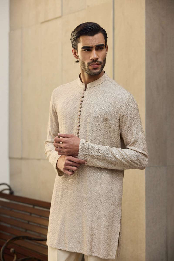 Deepak Perwani - Chikan Kurta Pajama For Men - Gold - 2 Piece