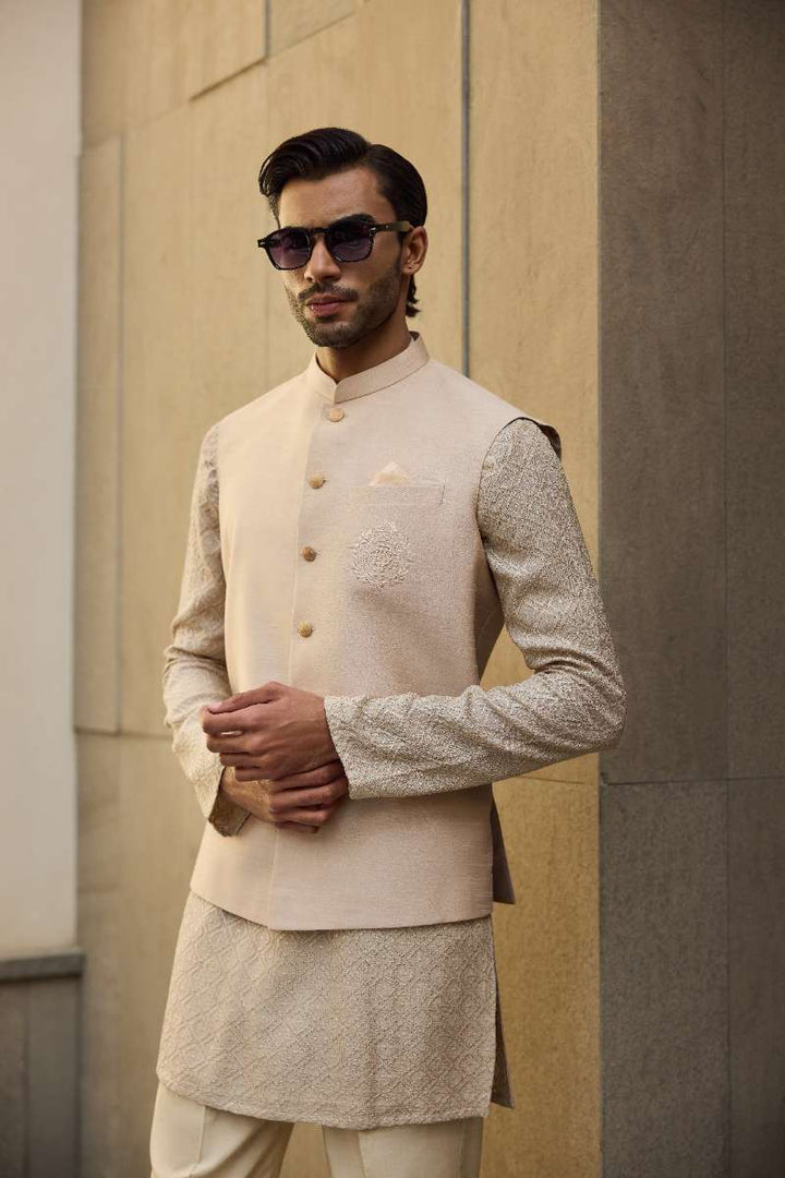 Deepak Perwani - Chikan Kurta Pajama For Men - Gold - 2 Piece