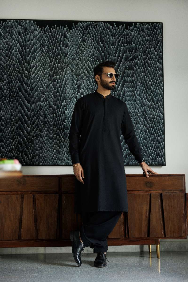 Deepak Perwani - Cotton  For Men - Black - 2 Piece