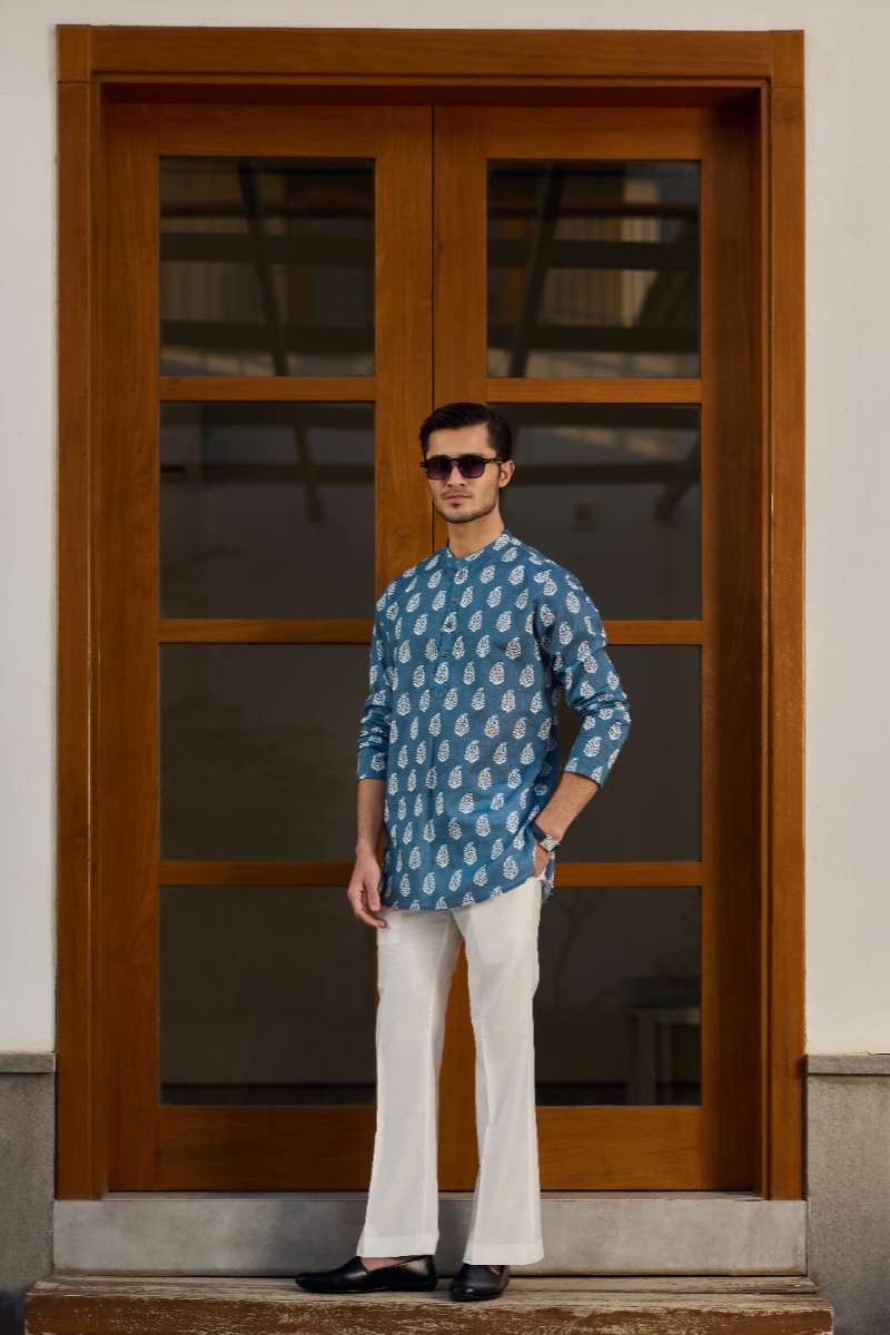 Deepak Perwani - Cotton Kurta For Men - Blue - 1 Piece
