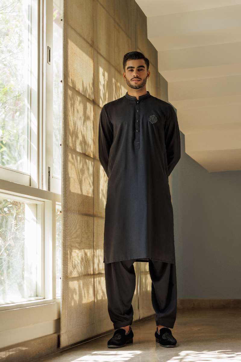Deepak Perwani - Cotton Kurta Shalwar For Men - Black - 2 Piece
