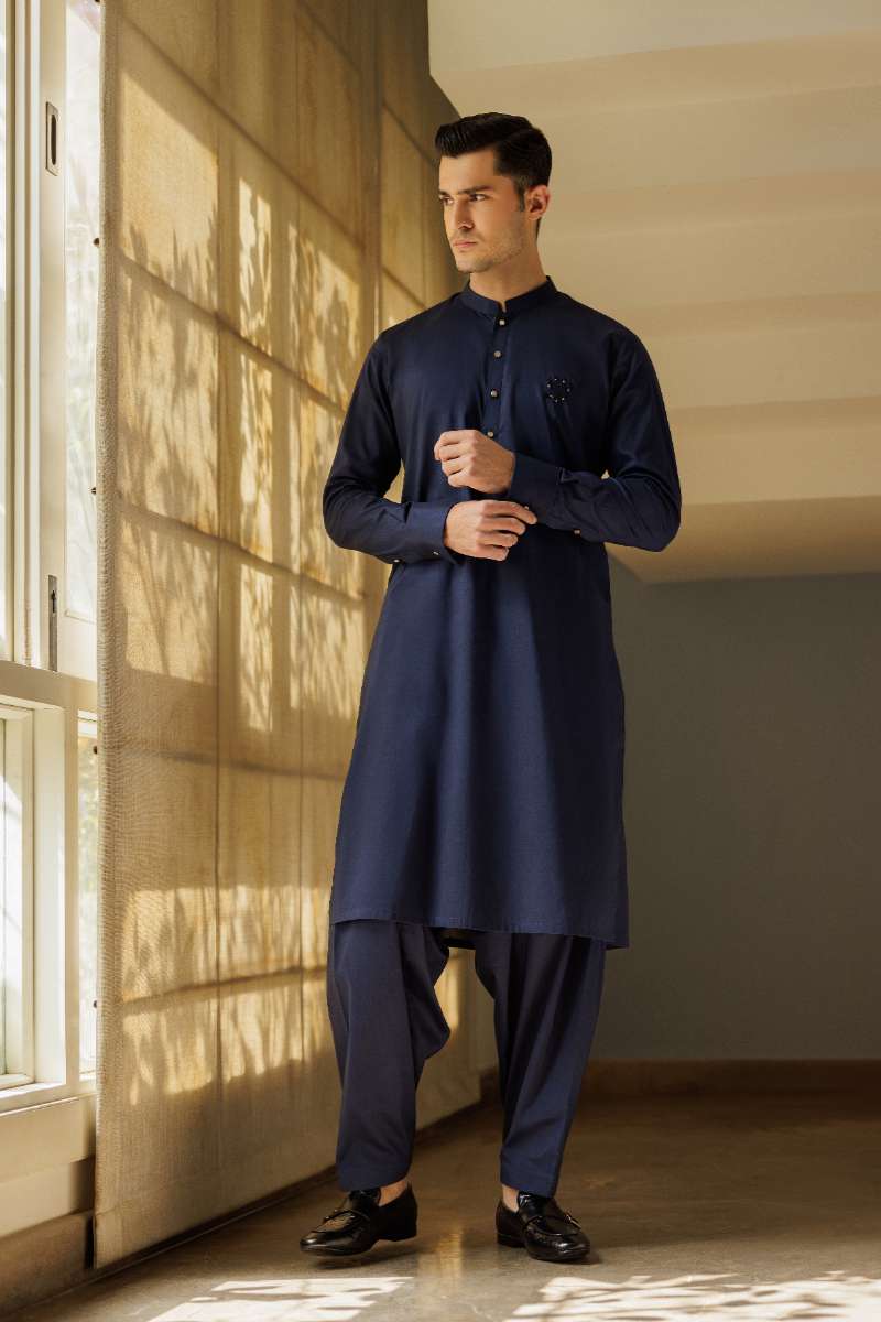 Deepak Perwani - Cotton Kurta Shalwar For Men - Blue - 2 Piece