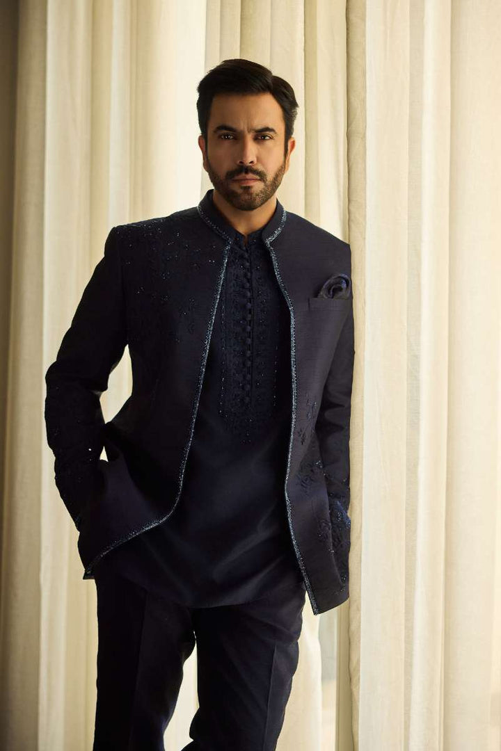 Deepak Perwani - Cotton-Silk Blend Kurta For Men - Navy - 1 Piece