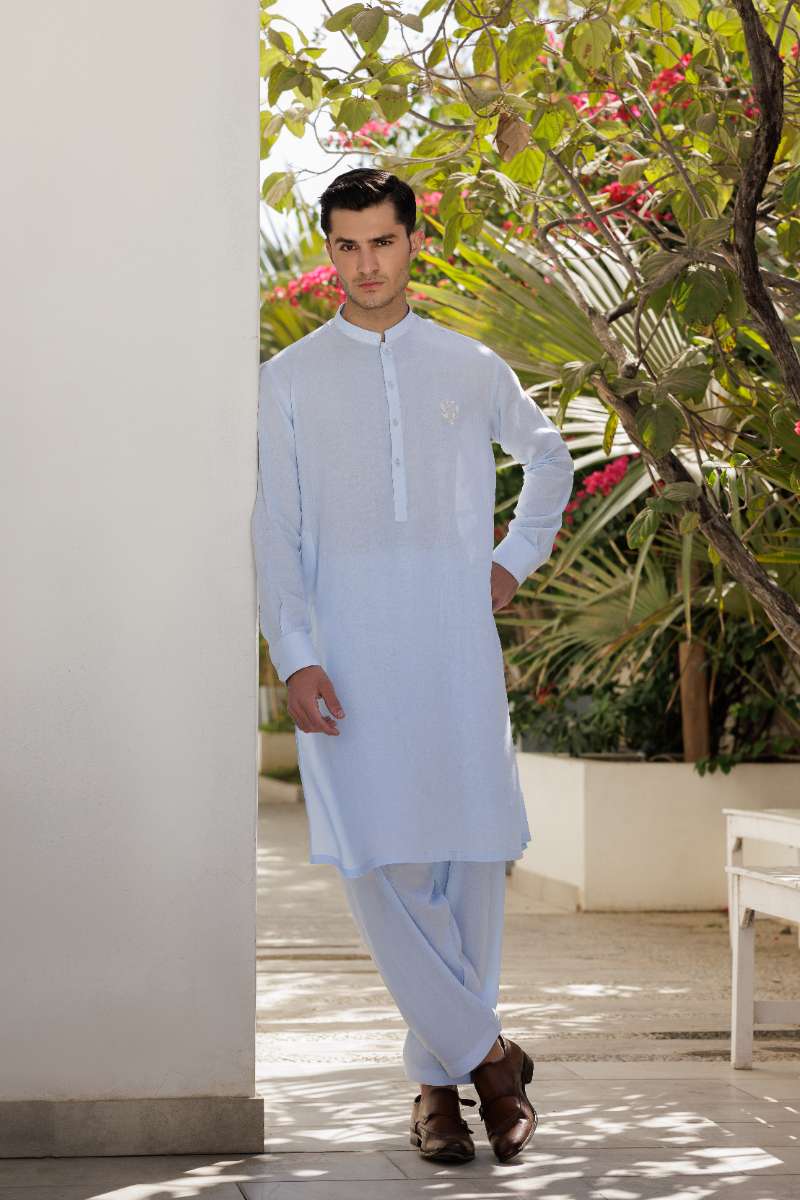 Deepak Perwani - Linen Kurta Shalwar For Men - Ice Blue - 2 Piece