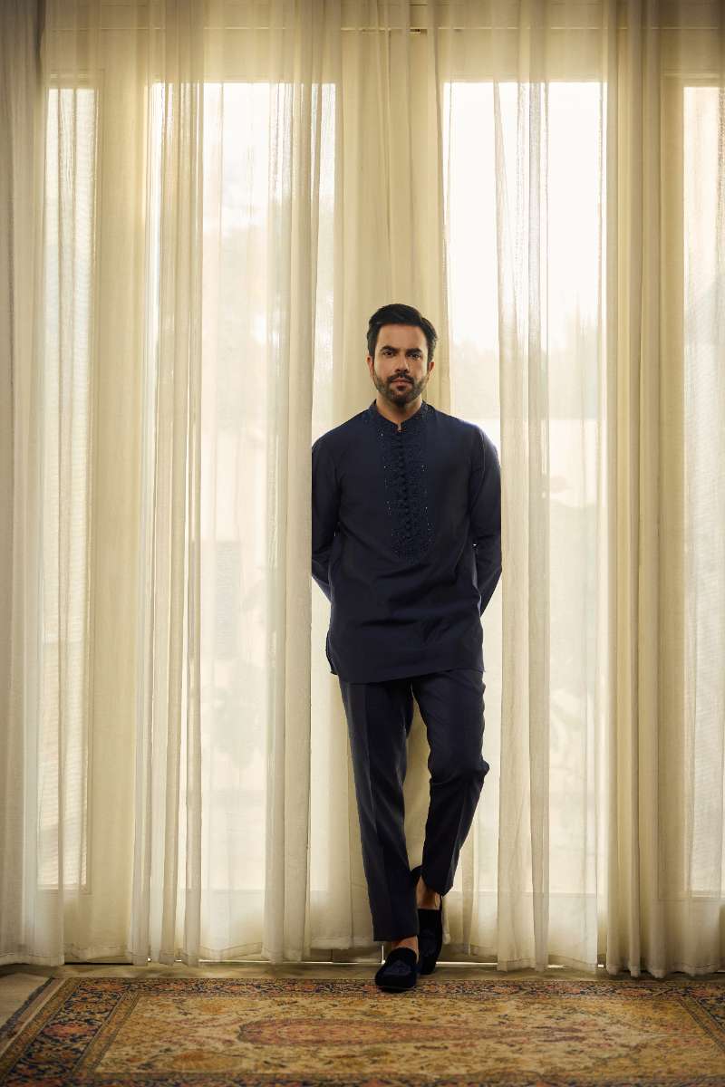Deepak Perwani - Raw Silk Jacket For Men - Navy Blue - 1 Piece
