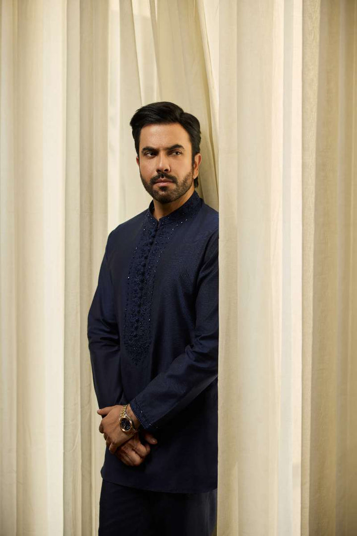 Deepak Perwani - Raw Silk Jacket For Men - Navy Blue - 1 Piece