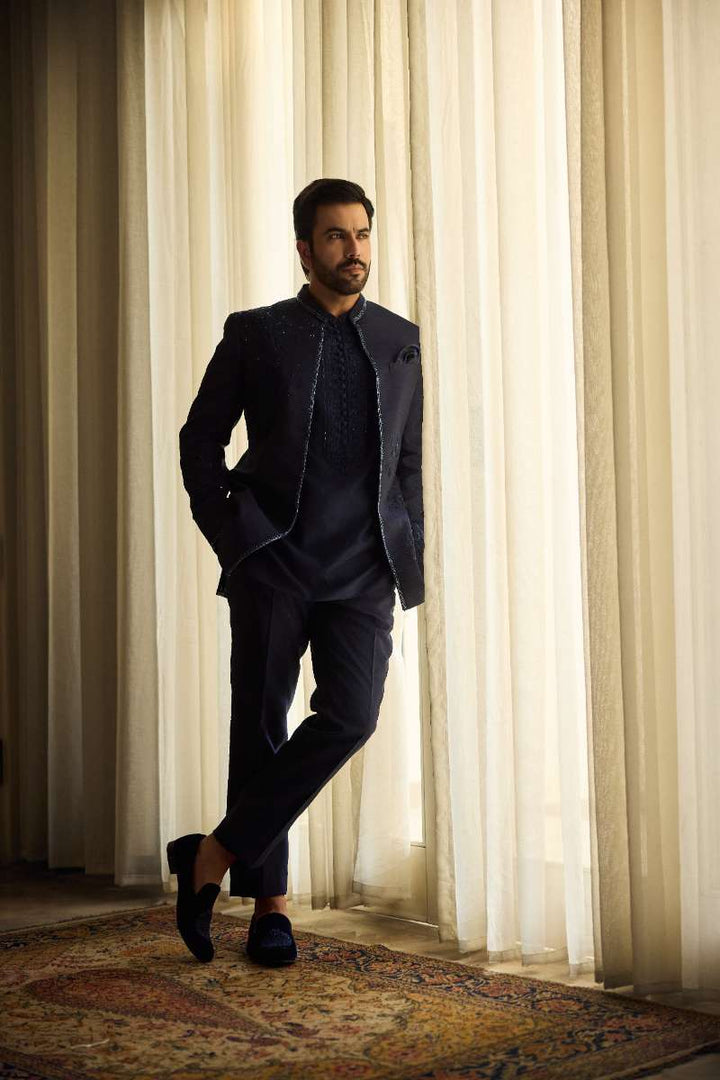 Deepak Perwani - Raw Silk Jacket For Men - Navy Blue - 1 Piece