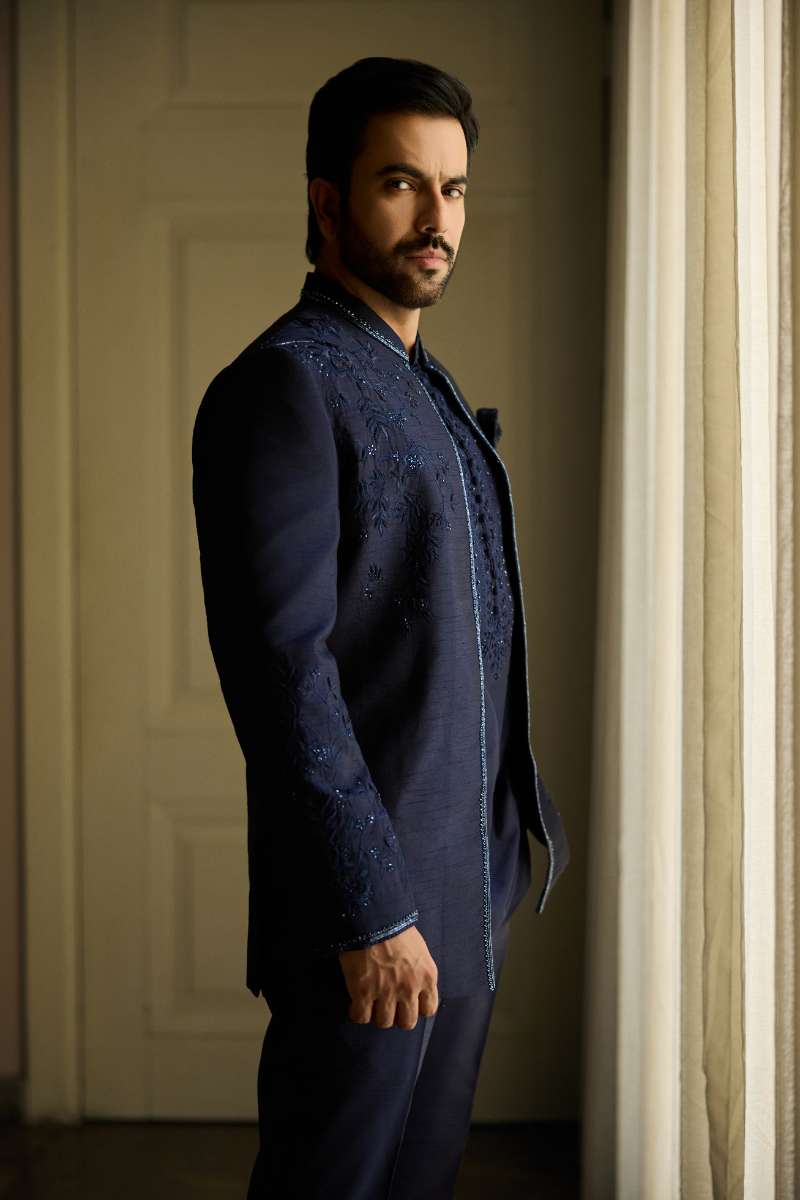 Deepak Perwani - Raw Silk Jacket For Men - Navy Blue - 1 Piece