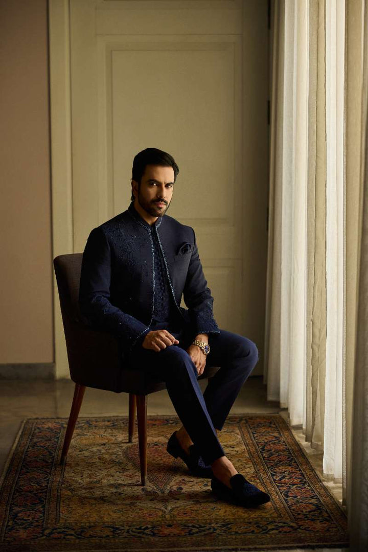 Deepak Perwani - Raw Silk Jacket For Men - Navy Blue - 1 Piece