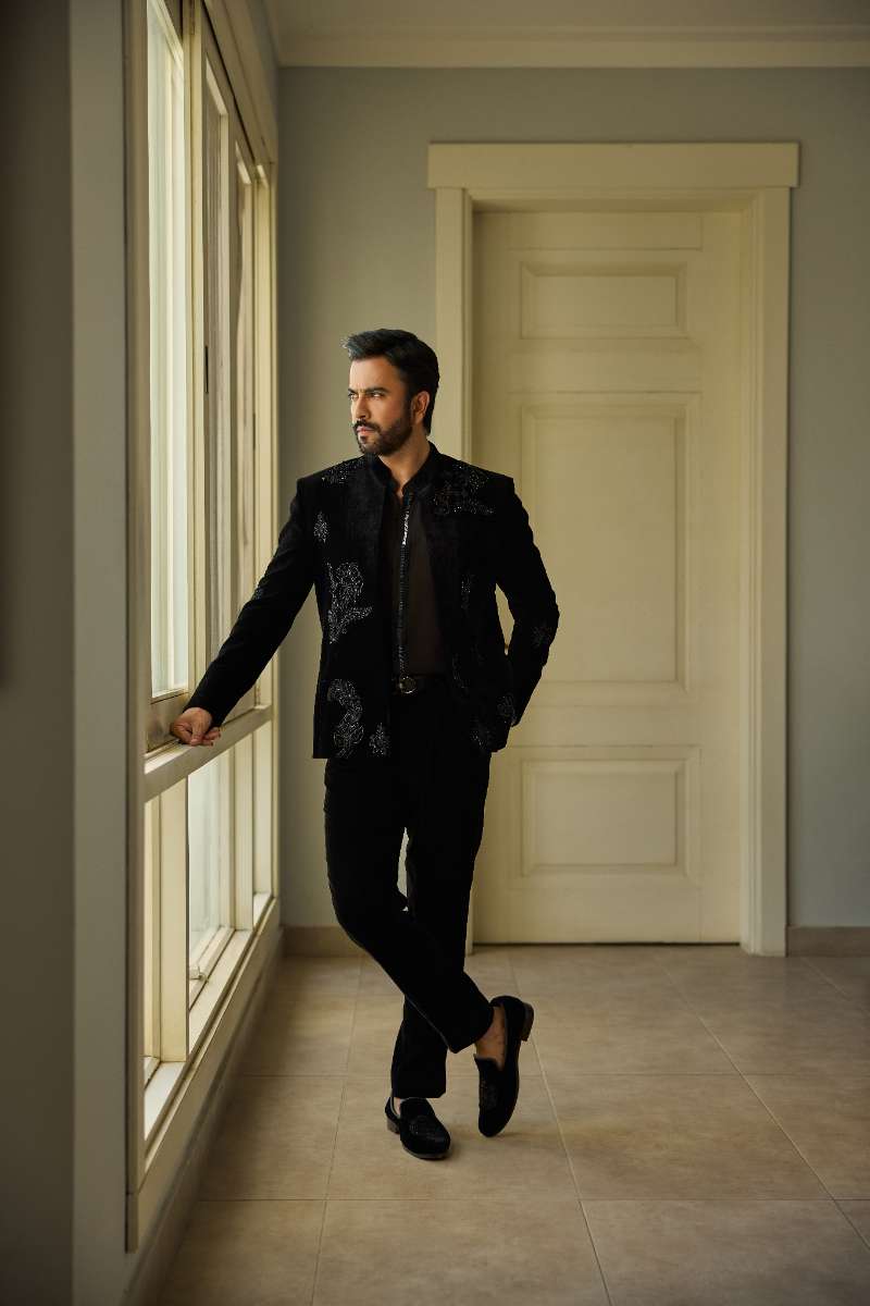 Deepak Perwani - Velvet Jacket For Men - Jet Black - 1 Piece