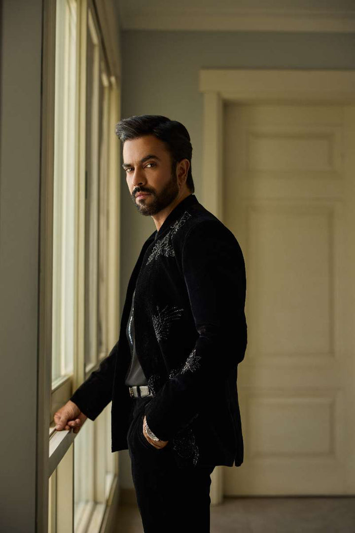 Deepak Perwani - Velvet Jacket For Men - Jet Black - 1 Piece