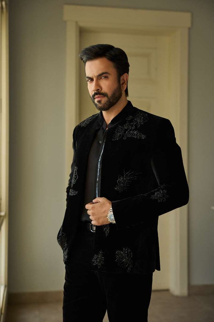 Deepak Perwani - Velvet Jacket For Men - Jet Black - 1 Piece