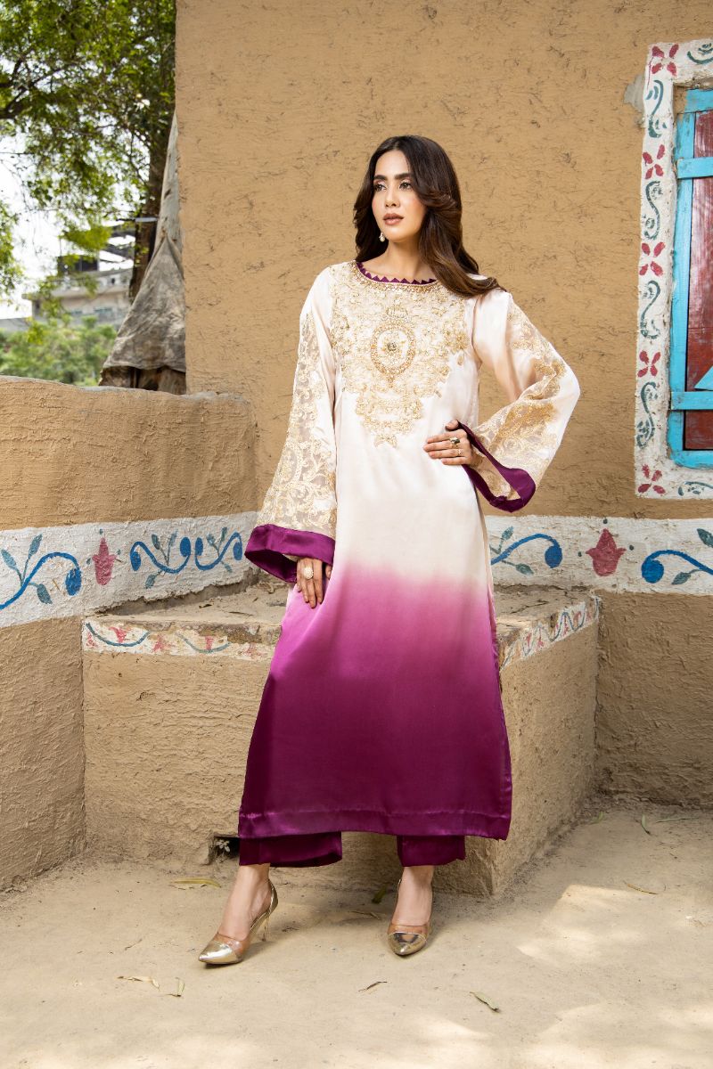 Laleen - Desert Bloom Shamooz Silk Suit For Women - Beige/Purple - 2 Piece