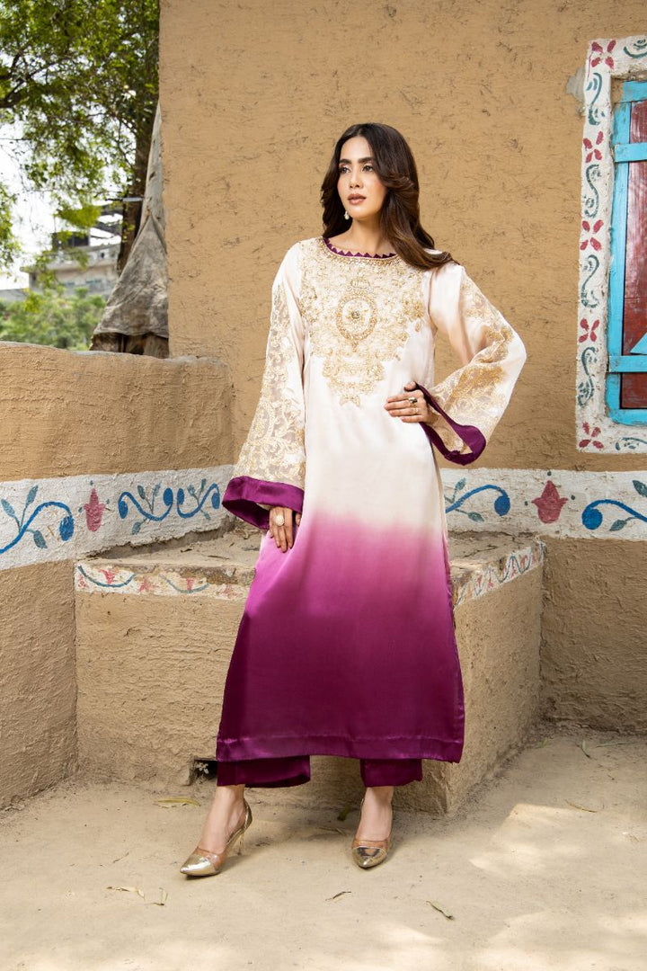Laleen - Desert Bloom Shamooz Silk Suit For Women - Beige/Purple - 2 Piece