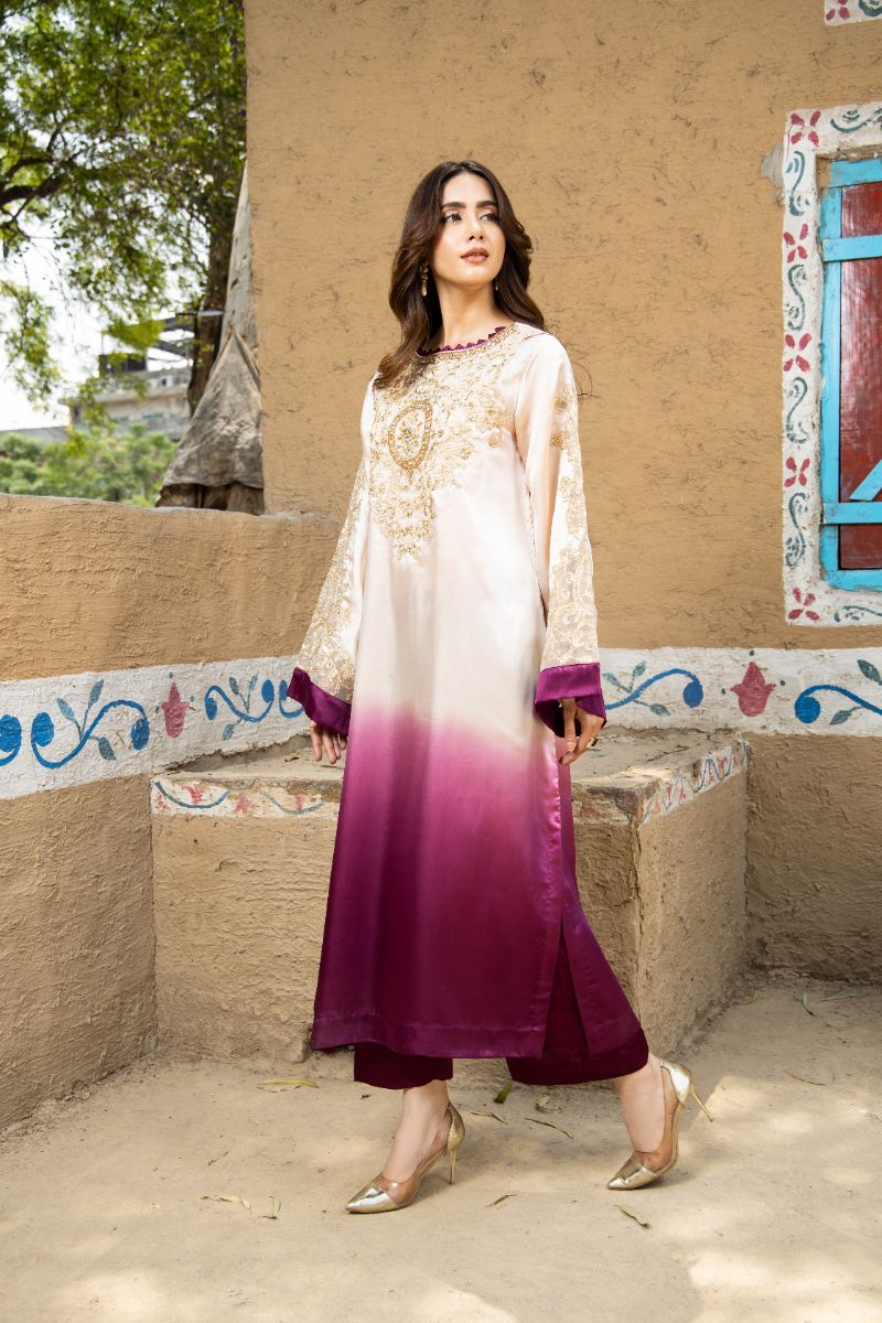 Laleen - Desert Bloom Shamooz Silk Suit For Women - Beige/Purple - 2 Piece