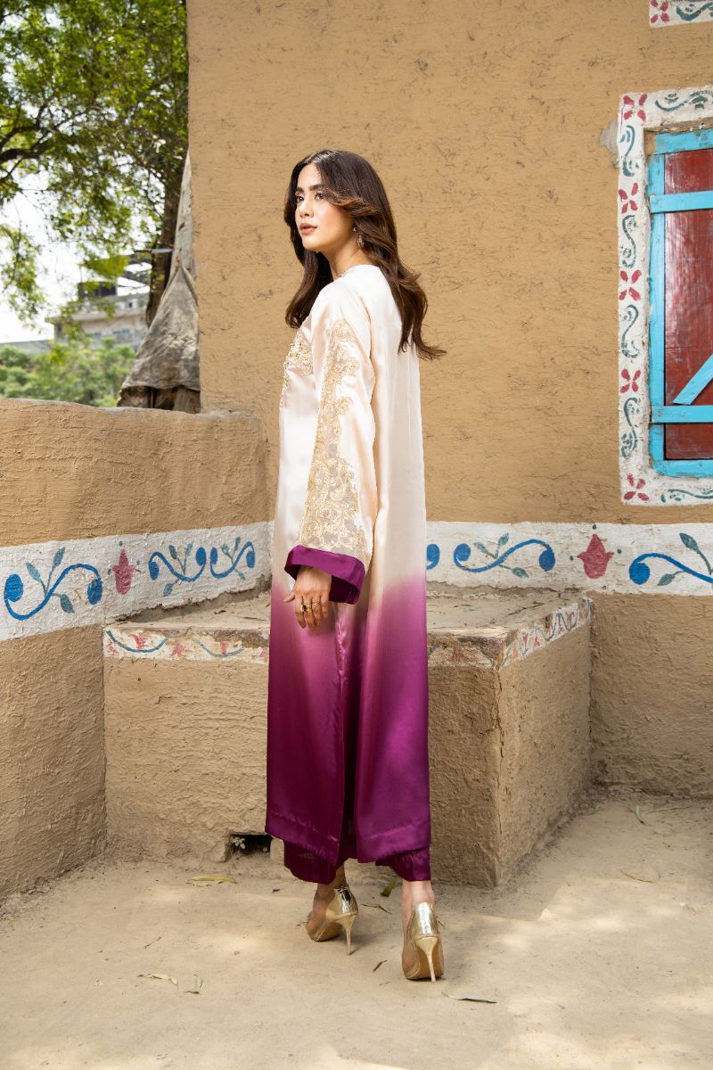 Laleen - Desert Bloom Shamooz Silk Suit For Women - Beige/Purple - 2 Piece