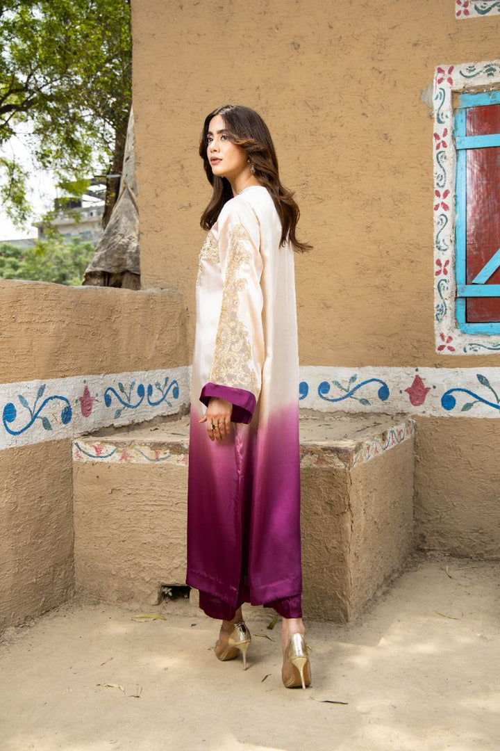 Laleen - Desert Bloom Shamooz Silk Suit For Women - Beige/Purple - 2 Piece