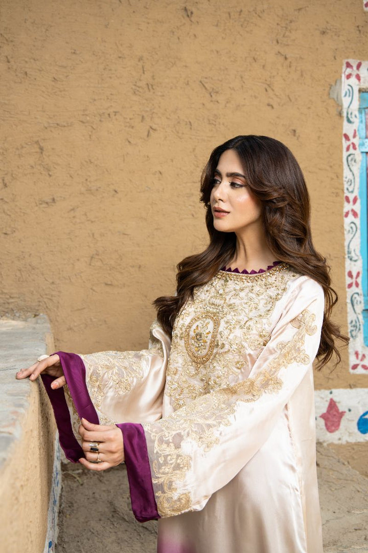 Laleen - Desert Bloom Shamooz Silk Suit For Women - Beige/Purple - 2 Piece