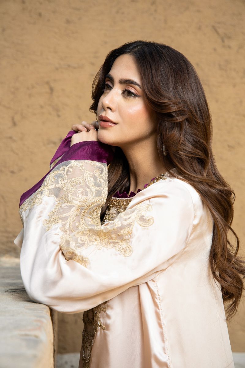 Laleen - Desert Bloom Shamooz Silk Suit For Women - Beige/Purple - 2 Piece