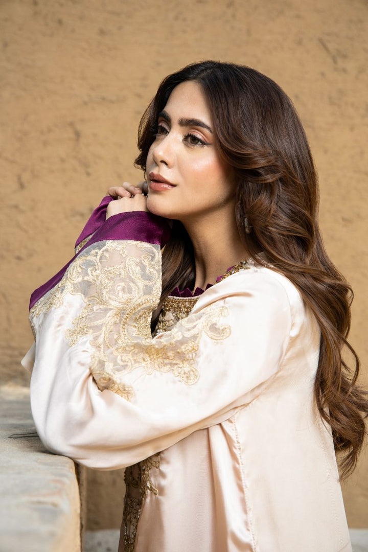 Laleen - Desert Bloom Shamooz Silk Suit For Women - Beige/Purple - 2 Piece