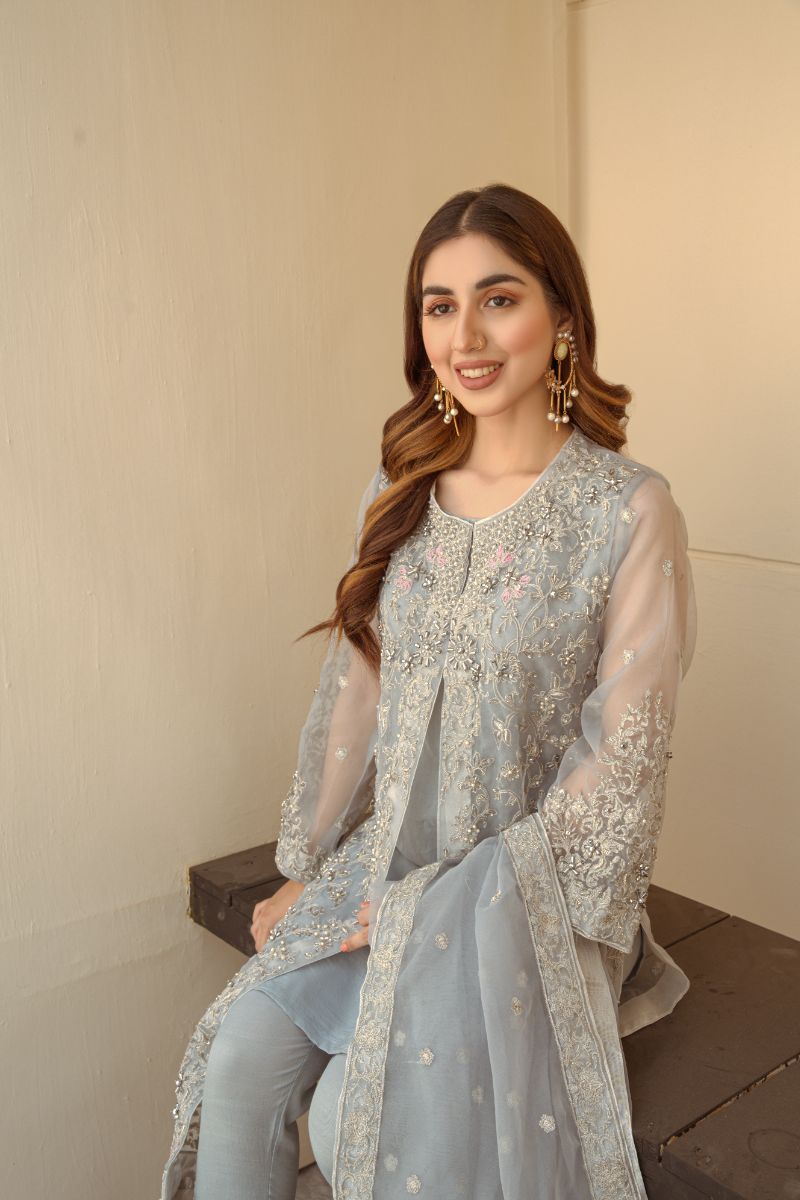 Laleen - Dove Grey Jewel Organza Suit For Women - Grey - 3 Piece