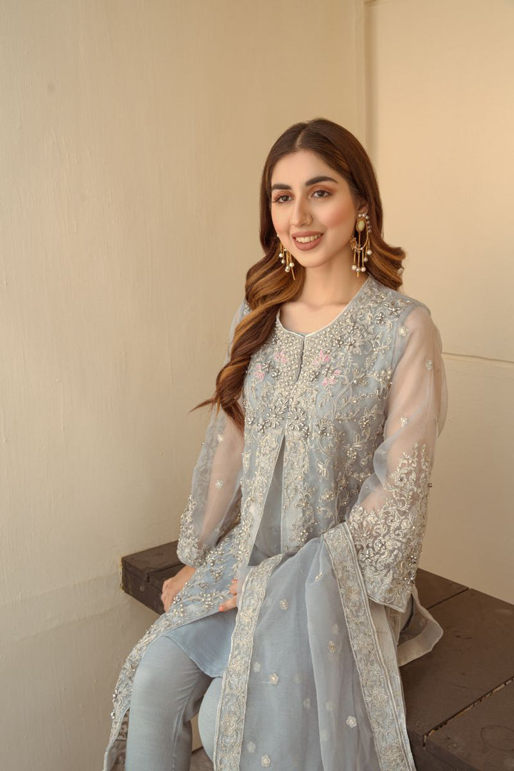 Laleen - Dove Grey Jewel Organza Suit For Women - Grey - 3 Piece