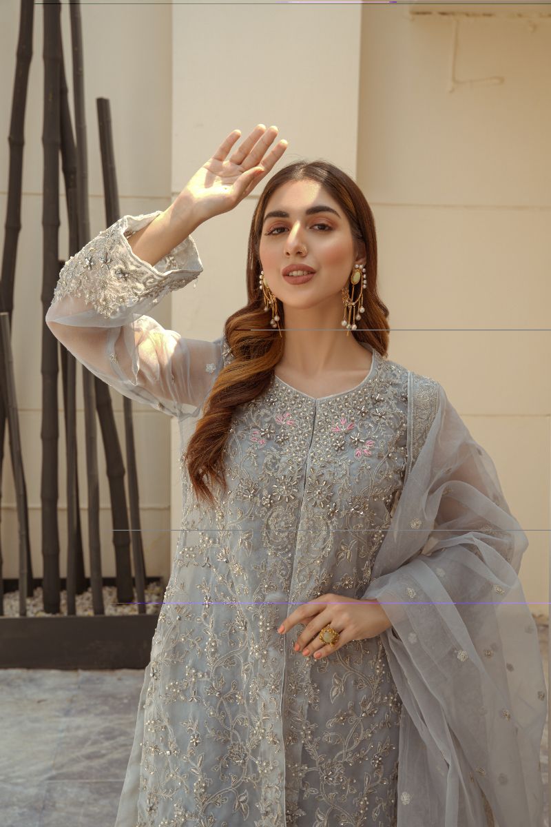 Laleen - Dove Grey Jewel Organza Suit For Women - Grey - 3 Piece