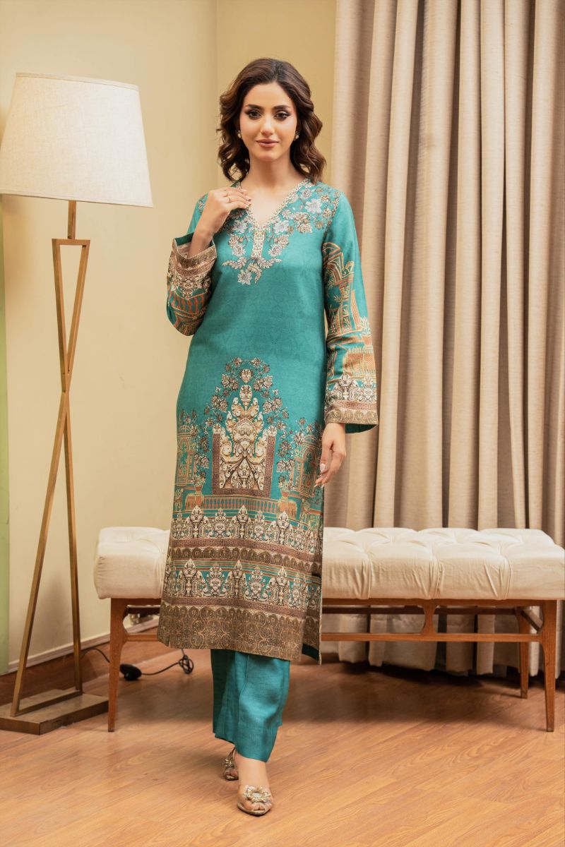 Shamaeel - ECK-27 - Teal Blue - Khaddi Silk - 2 Piece
