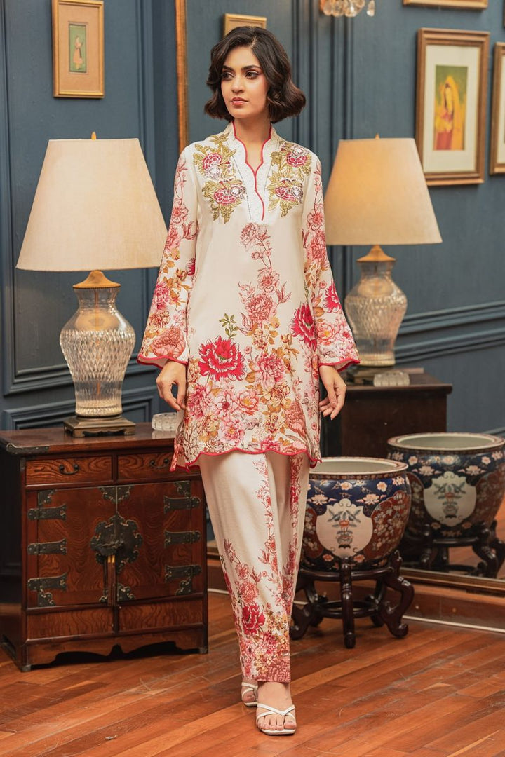 Shamaeel - ECK-33 - White & Pink - Khaddi Silk - 2 Piece