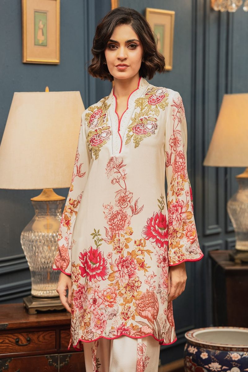 Shamaeel - ECK-33 - White & Pink - Khaddi Silk - 2 Piece