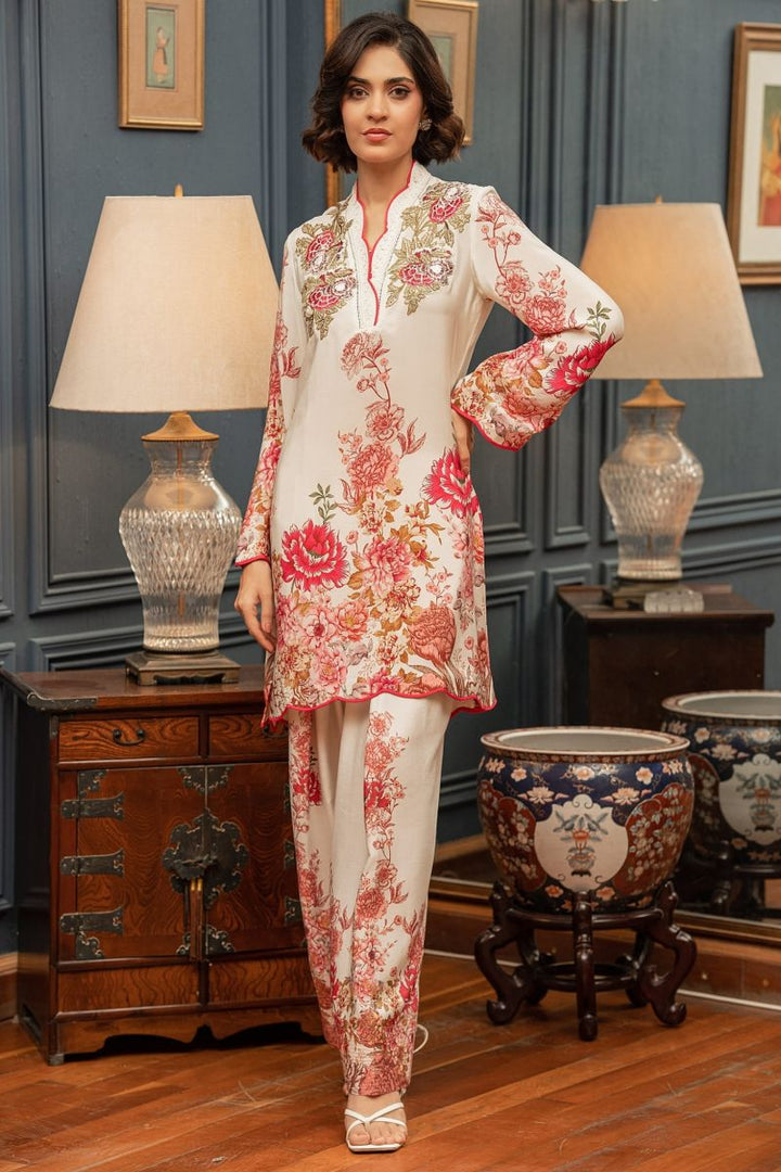 Shamaeel - ECK-33 - White & Pink - Khaddi Silk - 2 Piece