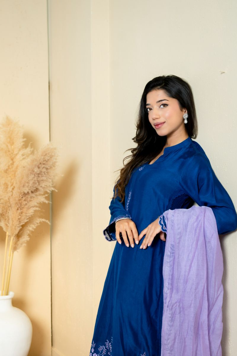 Urooj Atelier - EE-017-25 - ink blue & lavender - Khaadi Silk - 3 Piece