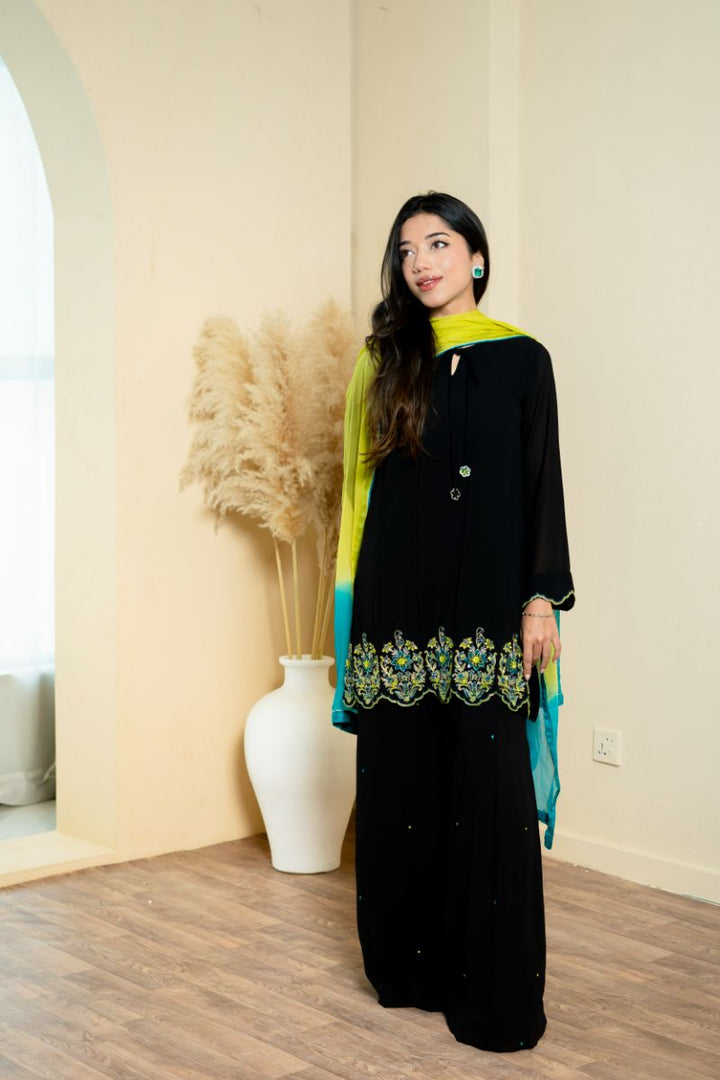 Urooj Atelier - EE-019-25 - black - pure georgette chiffon - 3 Piece